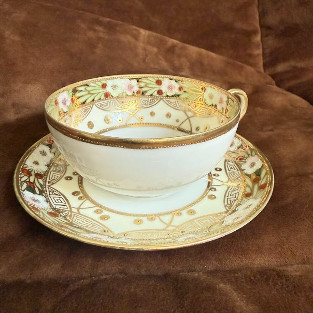 Mustache Tea Cup and Saucer Nippon Noritake Hand Painted Antique